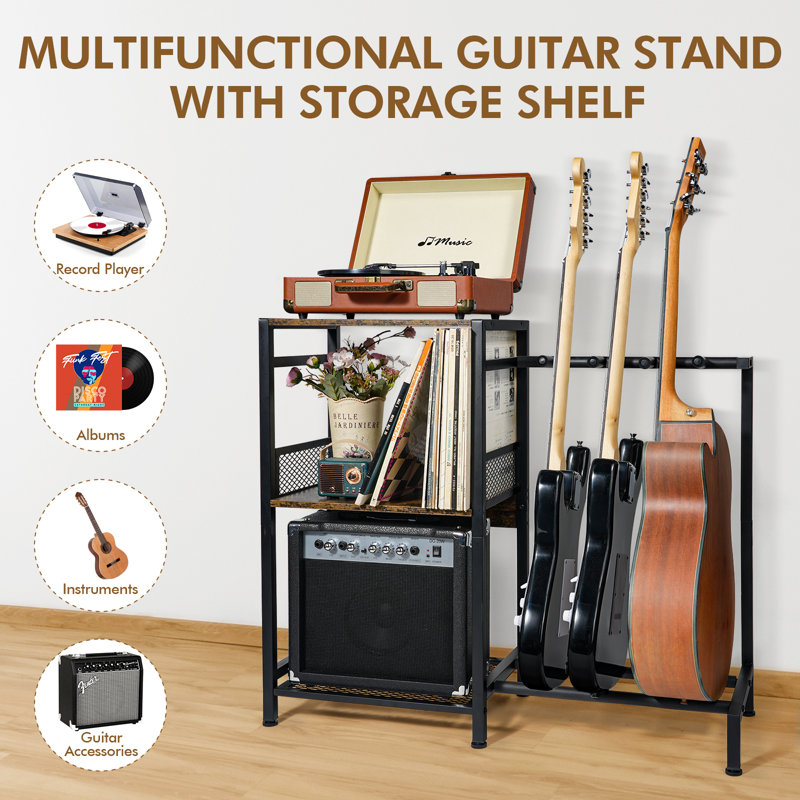 Guitar Stand Multiple Guitars With Vinyl Record Storage Cabinet Holder Guitar Floor Holder With 3 Tier Storage Shelf For Acoustic Bass Electric
